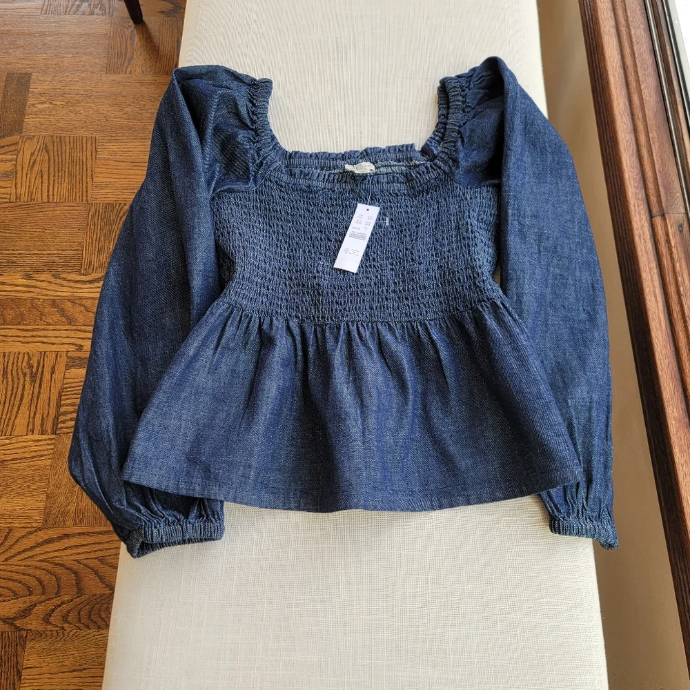 New! J. Crew sz Small S Denim Chambray Smocked Puff Long Sleeve Top NWT